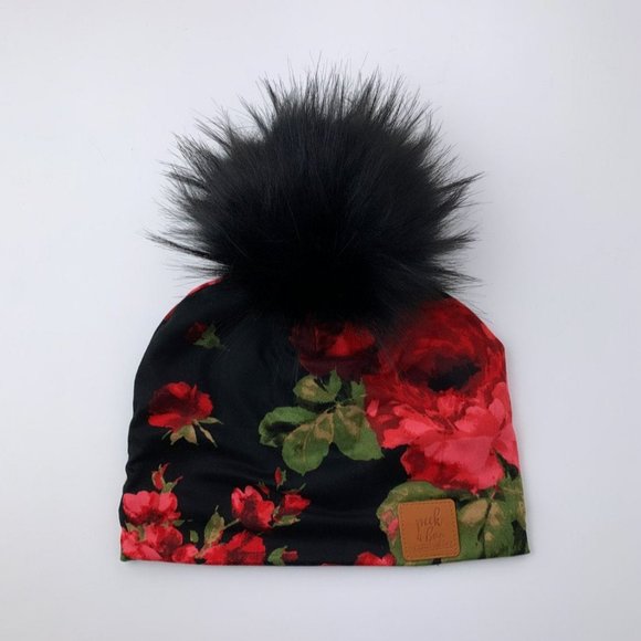 3 FOR 20 Peekaboo Homemade Removable Pompon Red/Black Floral 3 Season Toque - Picture 1 of 1